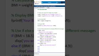 MATLAB code to calculate BMI of a person Shorts [upl. by Rosenwald]