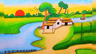 How to Draw the scenery Of a Beautiful village  scenery of Nature  Landscape step by step Easy [upl. by Hanan]