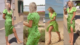 Danni Menzies Tanned LegsThighsBum in Green Split Skirt Dress  A Place In The Sun 1462021 [upl. by Nickola]