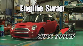 Insane 599HP RCR Civic Engine Swap In 05 Mini Cooper S [upl. by Arima]