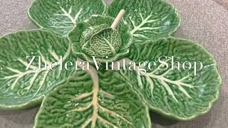 Vintage Green Cabbage Leaf Divided Dish  Majolica Bordallo Pinheiro Leaf Scalloped Edge Salad Dish [upl. by Kondon]