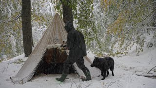 WINTER BLIZZARD CAMPING in 37°C HOT TENT [upl. by Jovitah]