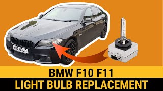 How to change bulb on BMW F10 F11 headlight low beam bulb replacement Xenon remove replace 5 Series [upl. by Nsaj]