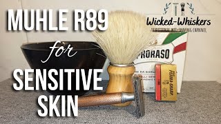 Sensitive skin shaving setup  Muhle R89 Proraso White PermaSharp amp Semogue 2000 [upl. by Furie587]