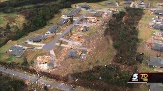 Sky 5 flies over Harrah neighborhood with significant tornado damage [upl. by Eilrebmik]