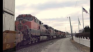 BNSF Heritage 1 locos and horn salute at Streator ILs Santa Fe depot long intermodal February 2024 [upl. by Anerual]