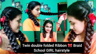 Most Requested Twin Double Folded Two Meter Red ribbon🎀Braid Hairstyle Full Video😍 School Hairstyle [upl. by Lewak]