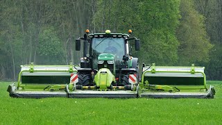 Mowing First Grass  John Deere 6175R  Claas triples  Schimmel Overberg  2023 [upl. by Potash]