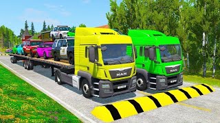 Flatbed Trailer Truck Potholes Transport Car Portal Trap Rescue  Cars vs Speed Bumps  BeamNGdrive [upl. by Bartel]