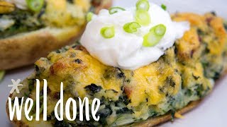 How To Make Cheesy Spinach And Bacon Stuffed Potatoes  Recipe  Well Done [upl. by Kamp829]