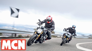 Ducati Monster 1200S vs Triumph Speed Triple R  New bikes  Motorcyclenewscom [upl. by Follansbee]