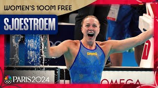 Sarah Sjoestroem wins gold USs Torri Huske takes silver in womens 100m free  Paris Olympics [upl. by Ddart]