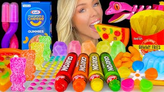 ASMR MUKBANG Rainbow Food Kraft Gummy Mac and Cheese Gummy Fries Pizza Candy Buttons Giveaway 먹방 [upl. by Bohrer]