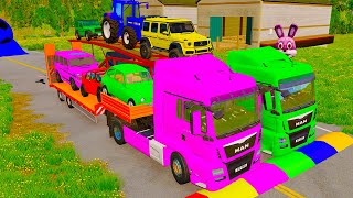 Double Flatbed Trailer Truck vs Speedbumps vs Train vs Cars  Tractor vs Train  BeamngDrive 010 [upl. by Nnaacissej]