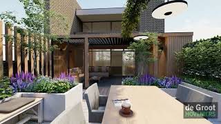 15399  De Groot Hoveniers  3D Tuinontwerp  Modern dakterras met buitenverblijf en pergola [upl. by Kinata]