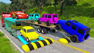 Double Flatbed Trailer Truck vs Speedbumps Train vs Cars BeamngDrive 5 [upl. by Lucille]