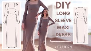 DIY long sleeve maxi dress  step by step sewing tutorial with pattern [upl. by Cullan130]