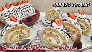 BRAZO GITANO DE CREMA CON FRESAS  ENROLLADO  THE CHAMOS CAKE [upl. by Ardnassac]