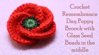 Crochet Tutorial Remembrance Day Poppy Badge with Glass Seed Beads in the middle [upl. by Eimarej]