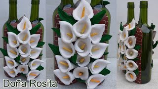 Botellas decoradas con flor de cartuchos calas en porcelana fria sin moldes Manualidades Doña Rosita [upl. by Malachy893]