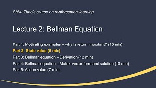 L2 Bellman Equation P2State value—Mathematical Foundations of RL [upl. by Anaidirib621]