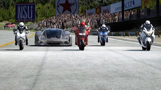 Lamborghini Terzo Millennio vs Superbikes Hayabusa Honda NR750 Ducati Panigale  Yamaha R1 [upl. by Lankton]