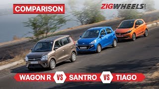 Maruti Suzuki WagonR vs Hyundai Santro vs Tata Tiago  Compact hatch comparison  ZigWheelscom [upl. by Aylmar]