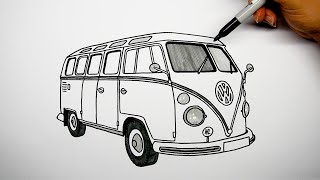 How to draw a car  Volkswagen T1 Bus  Step by step [upl. by Ahsinyd806]