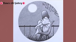 How to draw a girl in moonlight night  pencil circle drawing of scenerydrawing of girl [upl. by Salli]