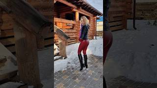 redleggings kneehighboots lowwideheelboots blondeinleggings kneehighleatherboots lowheelboots [upl. by Ahselrac587]