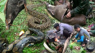 Hunting Giant Snake Wild Boar and Cooking in The mountainYos Hav Zoov Tua Npua Teb Tua Nab [upl. by Carhart116]