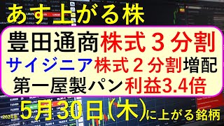 あす上がる株 2024年５月３０日（木）に上がる銘柄 豊田通商が株式分割。三菱重工、三菱電機が急落、第一屋製パンが大増益。サイジニアが株式分割～最新の日本株での株式投資。高配当株やデイトレ情報も～ [upl. by Lenoyl944]