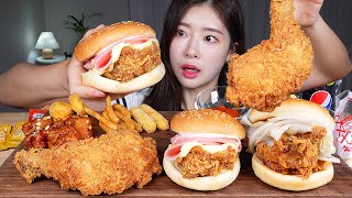 ASMR MUKBANG  맘스터치 꿀조합 화이트갈릭버거 불싸이버거 후라이드통다리 할라피뇨너겟 치즈스틱 먹방 🍔🍗 MOMS TOUCH BURGERS amp CHICKEN FEAST [upl. by Meil]