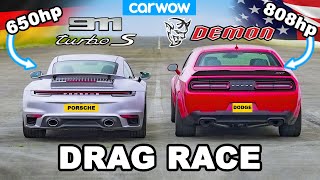 Dodge Challenger Demon v Porsche 911 Turbo S  DRAG RACE [upl. by Ellehs]