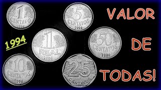 Todas as moedas do Real 1994 valor atualizado 2020 de 1 5 10 25 50 e 1 Real [upl. by Azeel]