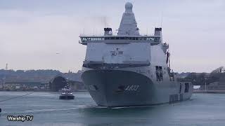 ROYAL NETHERLANDS NAVY AMPHIBIOUS SUPPORT VESSEL HNLMS KAREL DOORMAN A833 LEAVES DEVONPORT 51222 [upl. by Greer]