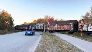 T44 pushing goods wagons at a level crossing on Jordbro [upl. by Rasec]