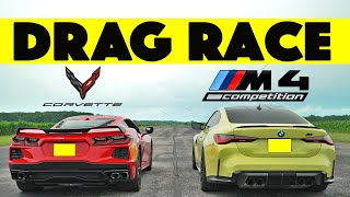 BMW M4 Comp G82 vs Chevy Corvette C8 drag and roll race Shocking Result [upl. by Ciapas]