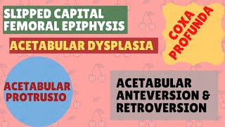 SLIPPED CAPITAL FEMORAL EPIPHYSIS COXA PROFUNDA ACETABULAR PROTURSIO ANTEVERSION amp RETROVERSION [upl. by Mungovan]