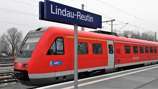 Bahnhof LindauReutin DB Regio BR 612 ETR610 ASTORO SBB ÖBB Züge Bahnsteigansagen [upl. by Garlinda645]