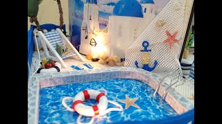 Welcome to Pool Party at Santorini Beach House part 3 miniature diy art dollhouse craft [upl. by Naihtsirc]