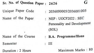 Personality and DevelopmentSOL BA progBA Hons 3rd Semester question paper [upl. by Shayn]