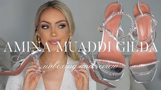 AMINA MUADDI GILDA GLASS SANDALS UNBOXING REVIEW AND SIZING  Holly JoAnne White [upl. by Ahsenyt]