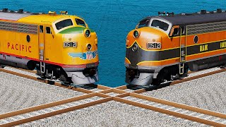 Double Trains vs Crazy Mistake Crossing Rail Track over Deepwater  BeamNGDrive [upl. by Acherman]