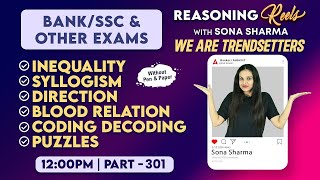 Bank amp SSC  Reasoning Classes 301  Reasoning REELS with Sona Sharma [upl. by Aihsenor]