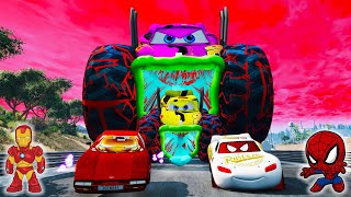 Epic Escape  SpiderMan Lightning McQueen and Iron man VS Monster Truck Disney  BeamNGDrive [upl. by Dualc100]