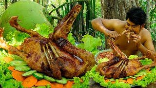 Wilderness Cooking Skill  Roasted Muscovy Duck Green Coconut In Pan Eating With Hot Sauce So Yummy [upl. by Eeram]