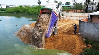 OMG 5ton truck accident almost overturned while unloading dirt help back by KOMATSU D31P dozer [upl. by Savory124]