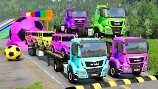 Double Flatbed Trailer Truck vs Speedbumps Train vs Cars Tractor vs Train Beamng Drive 088 [upl. by Moria]