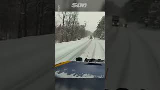 Car smashes into snowplough after losing control on snowy road [upl. by Zetniuq]